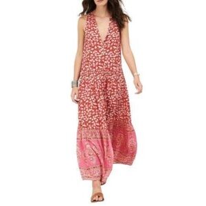R. Vivimos Red Floral Sleeveless Maxi Dress Flowy Boho Ruffle Cottage SZ Large